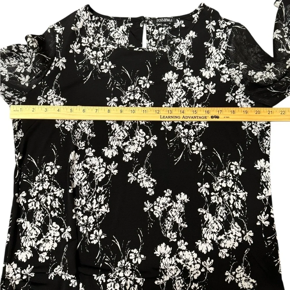 Black White Floral Sheer Blouse Tunic Top 3/4 Sleeve High Low Hem